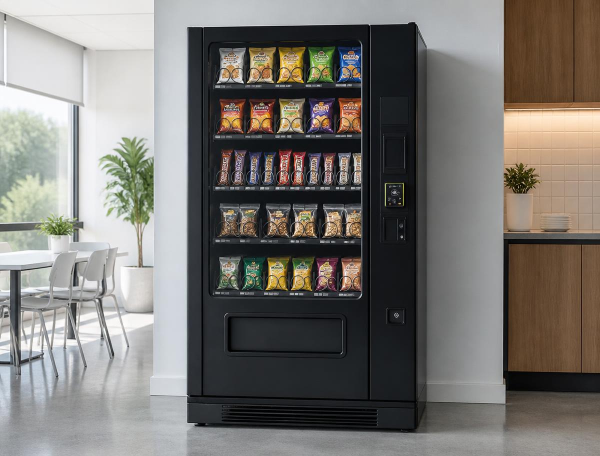 Glass-front snack vending machine with cashless card reader in a contemporary office