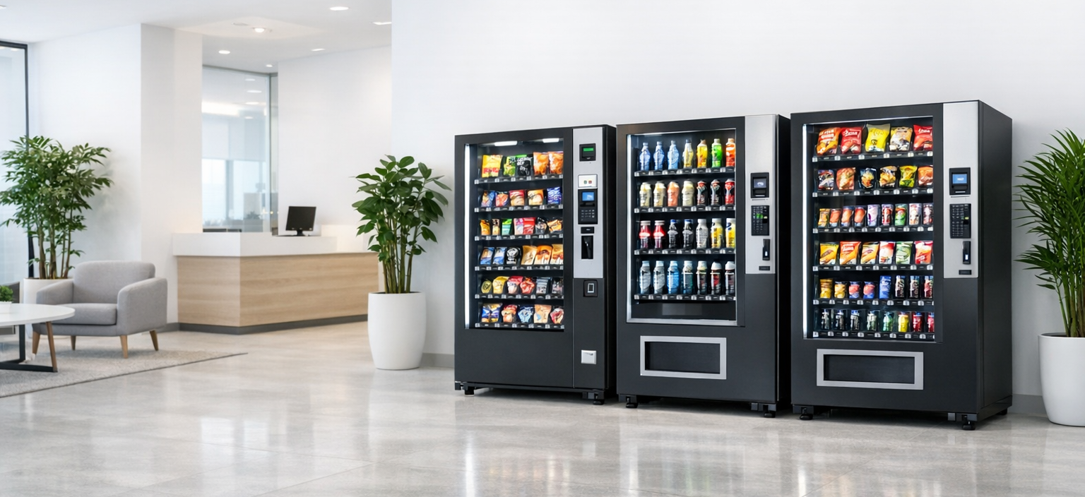 Snack, cold drink and combination vending machines installed in a modern office lobby