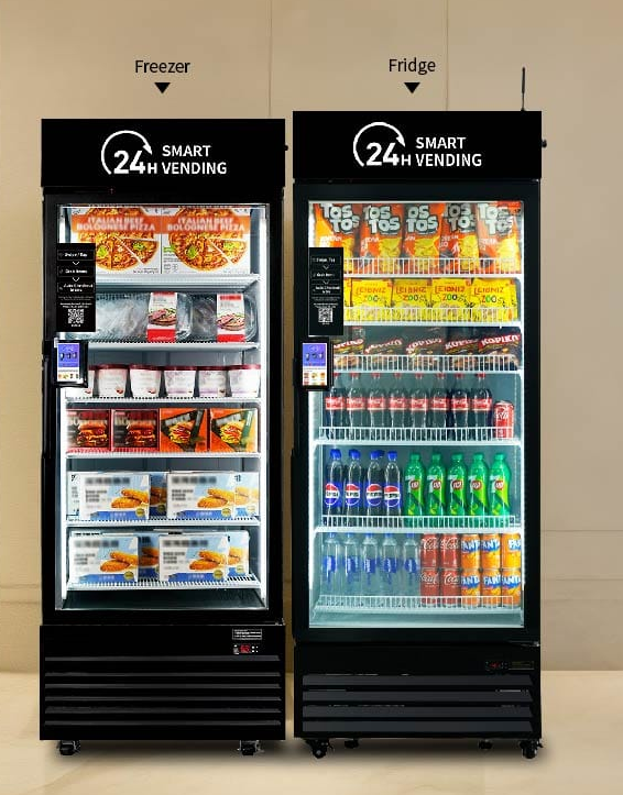 Smart refrigerated and frozen vending cabinets stocked with drinks, fresh food and ready meals
