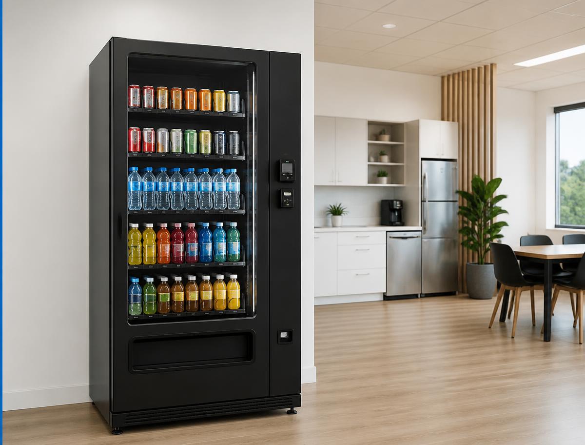 Glass-front cold drink vending machine with contactless card reader in an office break room