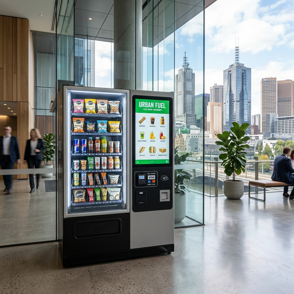 Touchscreen combination snack and drink vending machine with cashless card reader in a modern office