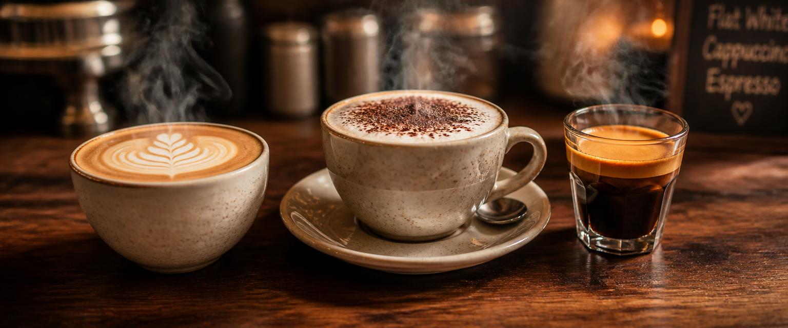 Coffee and hot drinks vending category — freshly made flat white with latte art, cappuccino dusted with chocolate and espresso