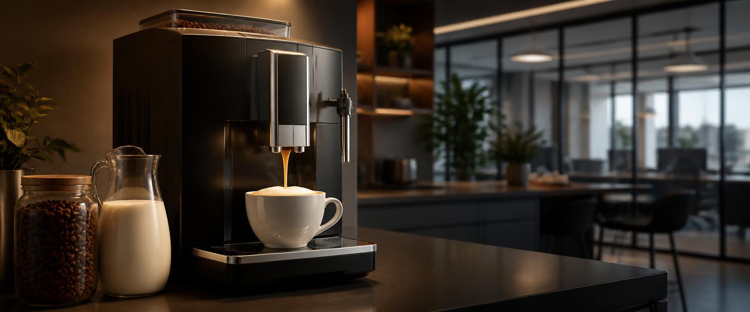 Coffee vending machine category — bean-to-cup machine pouring a fresh cappuccino in an office kitchen