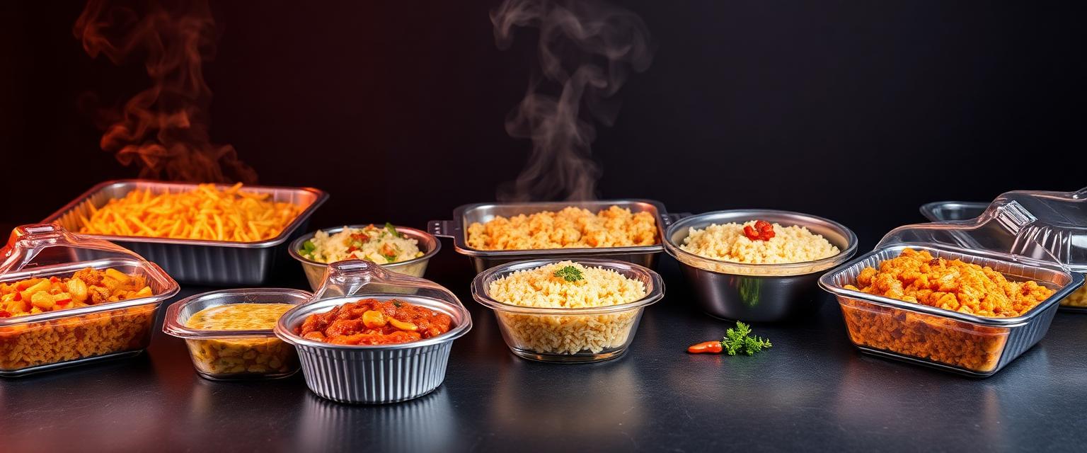 Ready meals vending category — hot pasta, curry and rice dishes from a smart fridge or freezer vending machine
