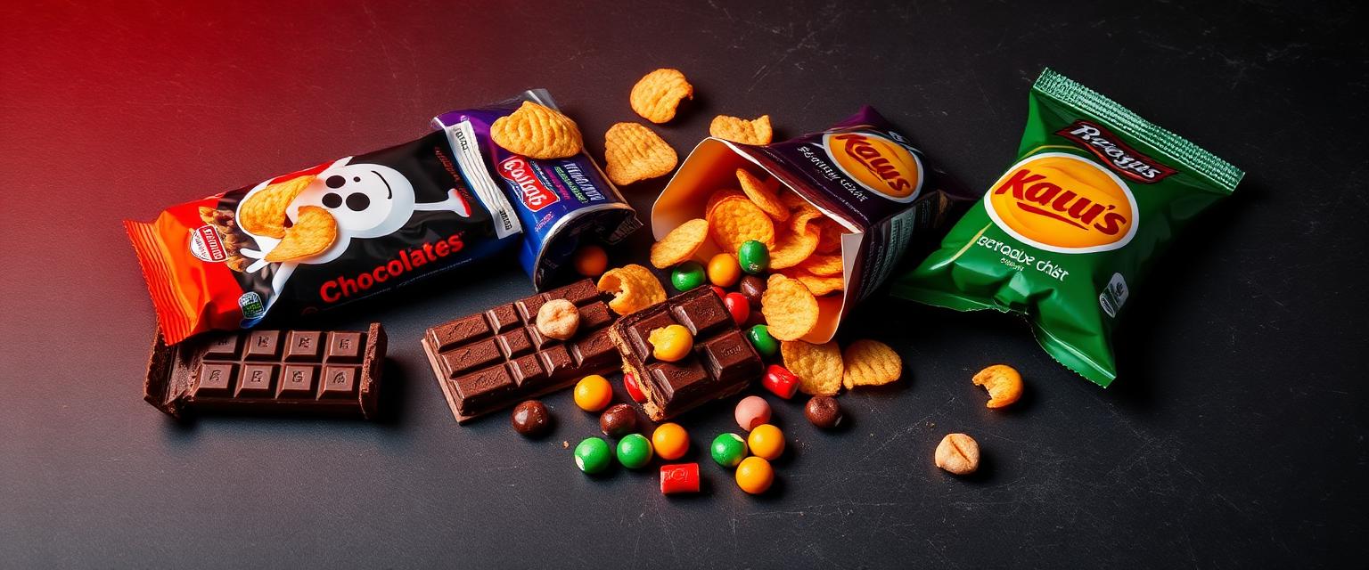 Snacks and chocolates vending category — chocolate bars, chip packets and colourful lollies for snack vending machines